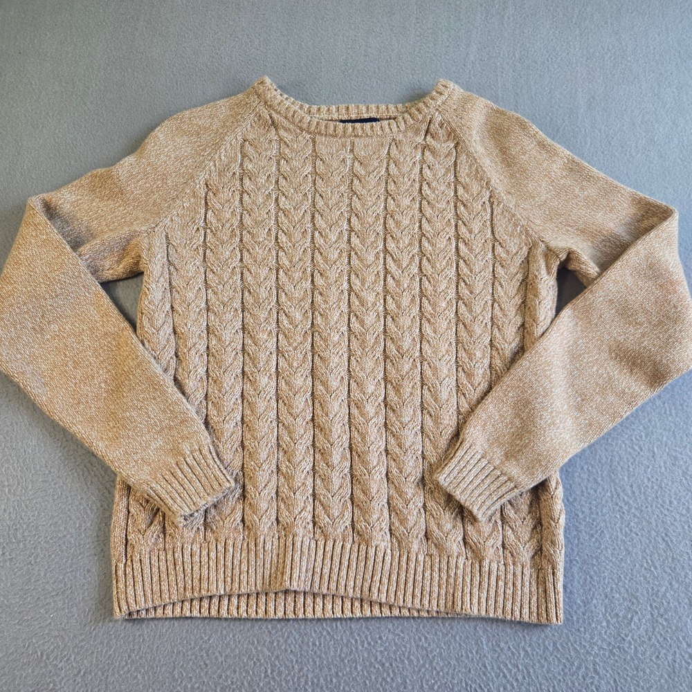 Lands End Drifter Sweater Girl Large 14-16 Tan Cable Knit Cotton Raglan Crewneck - Picture 2 of 7